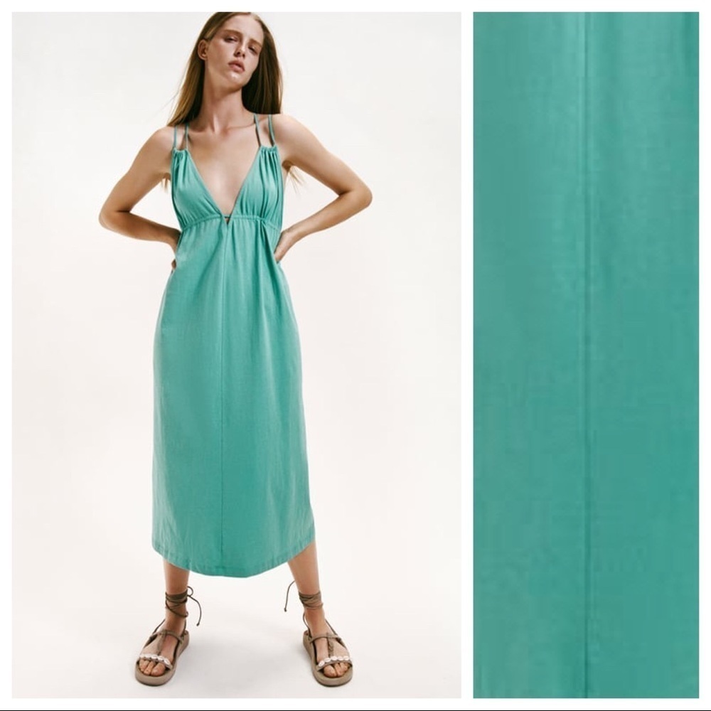 NWT. Zara Cotton Light Turquoise/Green A-line Style Strappy Midi Dress. Size S.